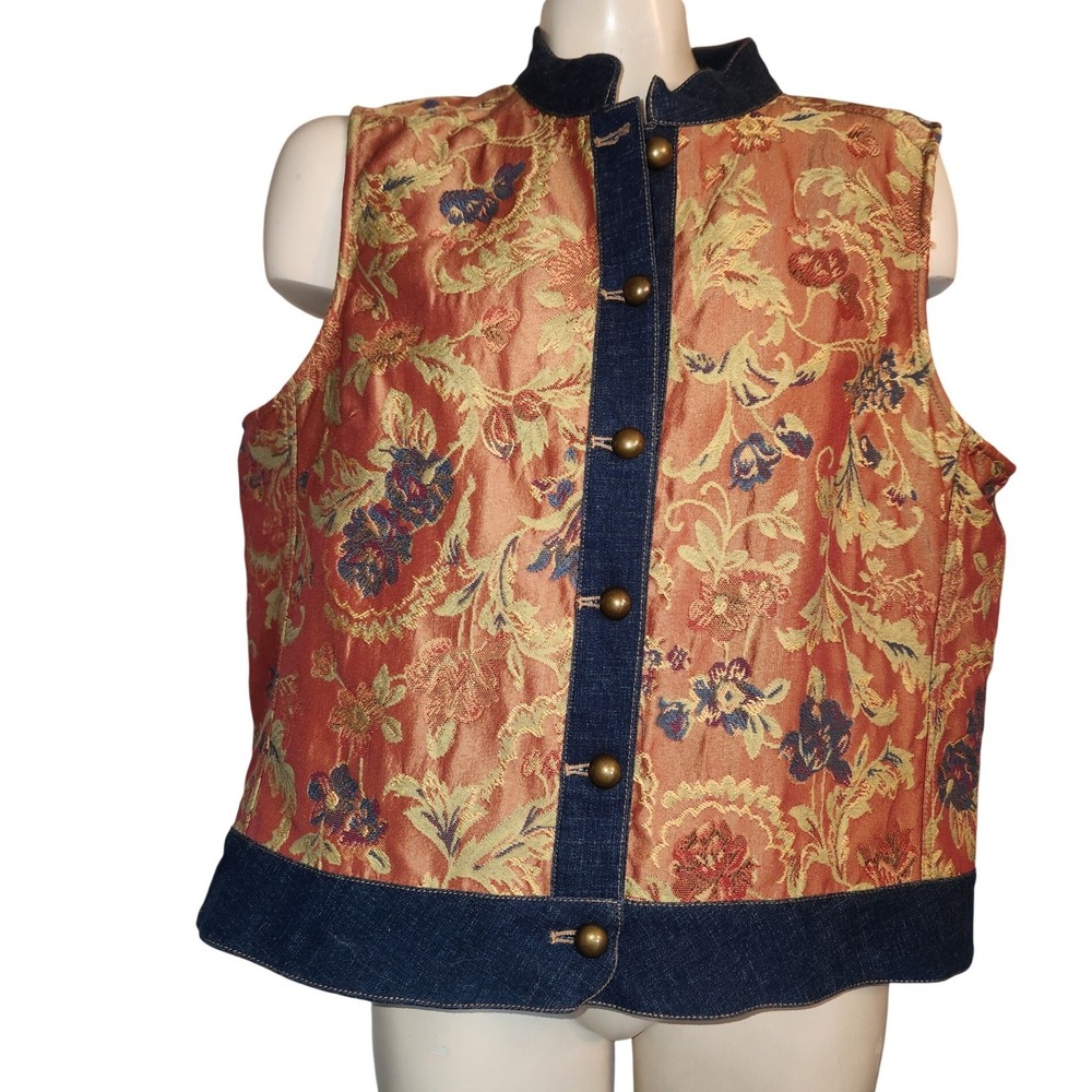 Autumn Salute AM Company Floral Tapestry Denim Trim Button Vest Large